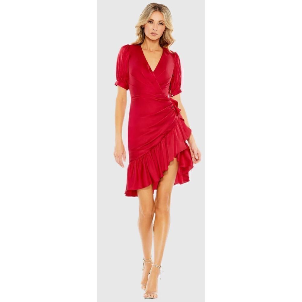 IEENA FOR MAC DUGGAL Short Puff Sleeve Faux Wrap Mini Dress in Rusty Red NWT Siz